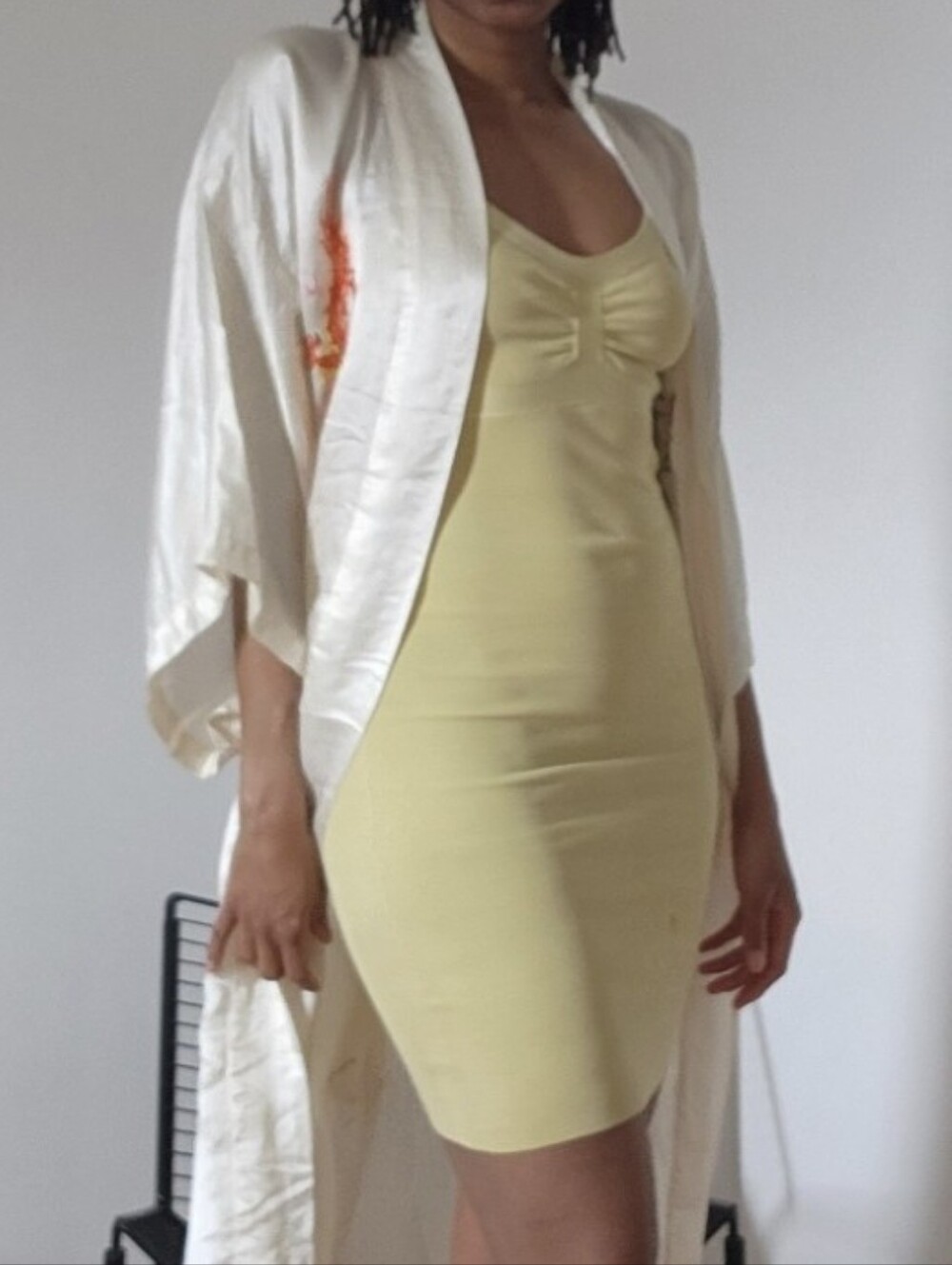 Cream Embroidered Silk Kimono Dress with Dragon Motifs